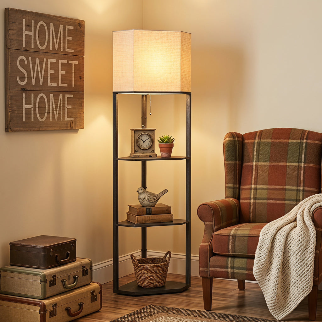 Corner Design Floor Lamp with Shelves and Pull Chain Switch