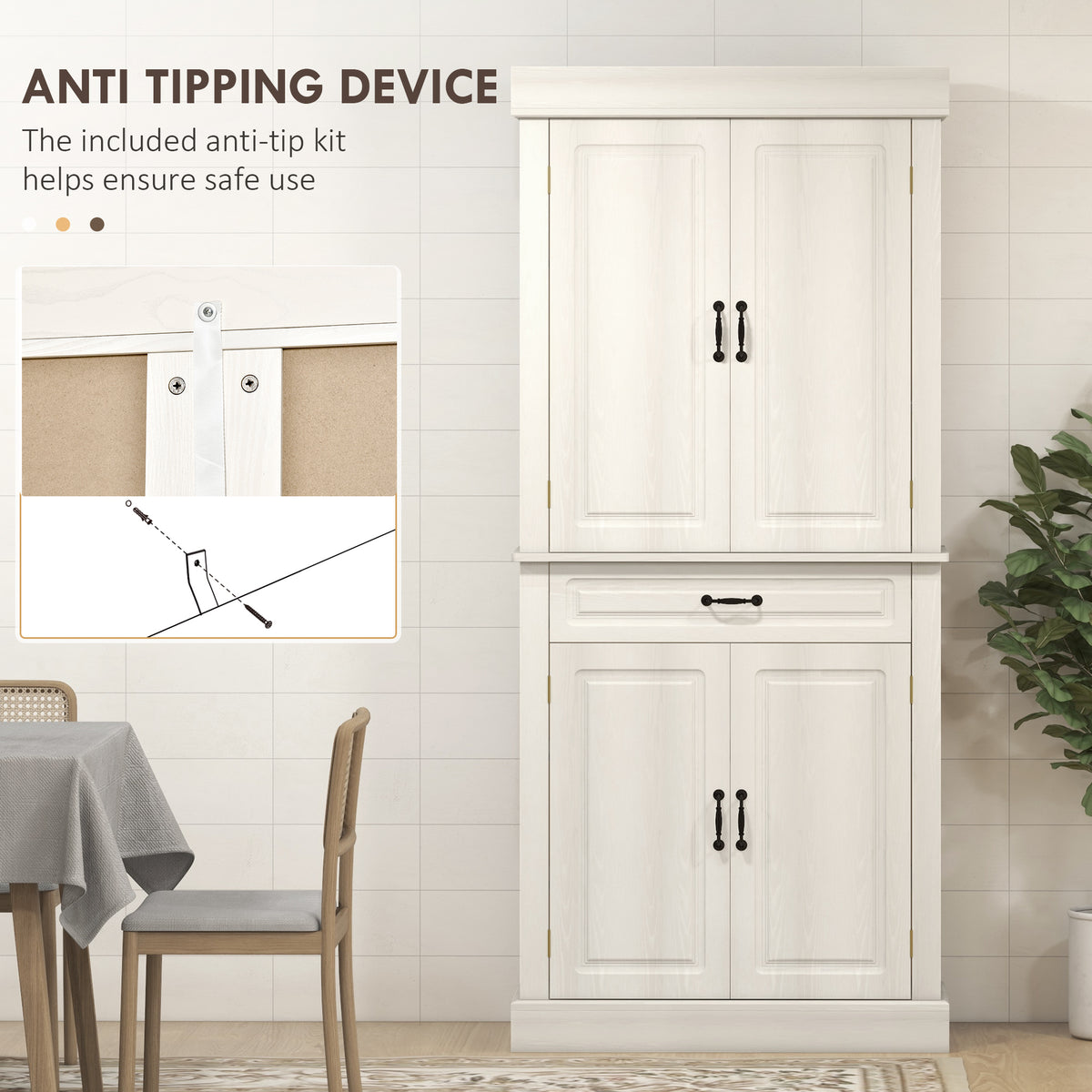 Tall Kitchen Cupboard with Drawer and Dual Cabinet Storage Cream White