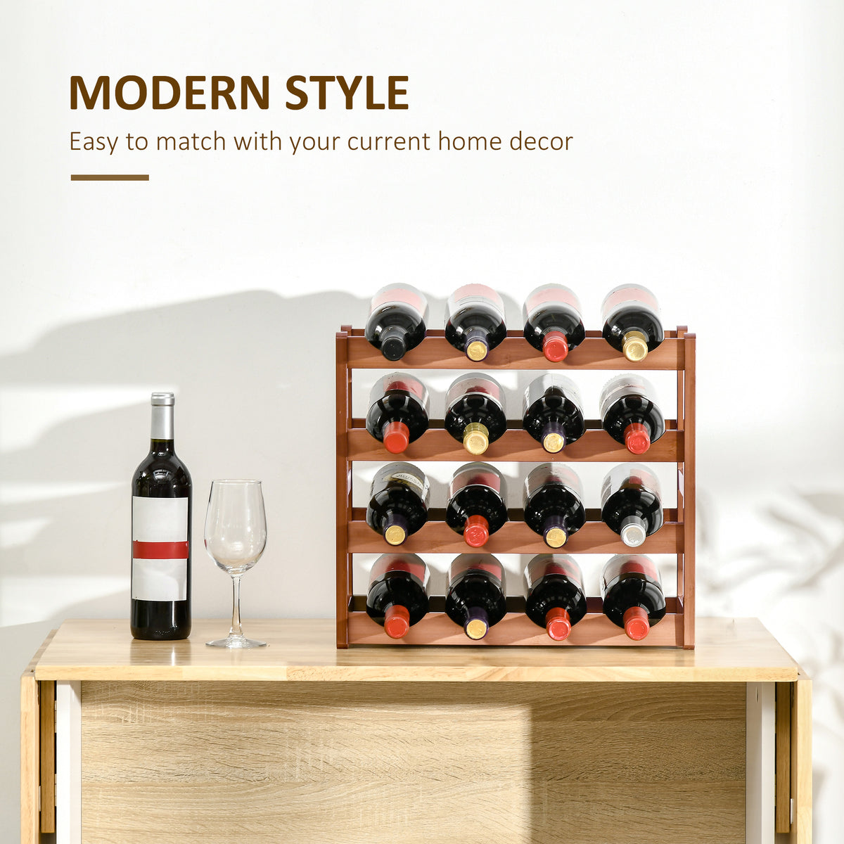 16-Bottle Bamboo 4-Tier Freestanding Wine Rack Brown