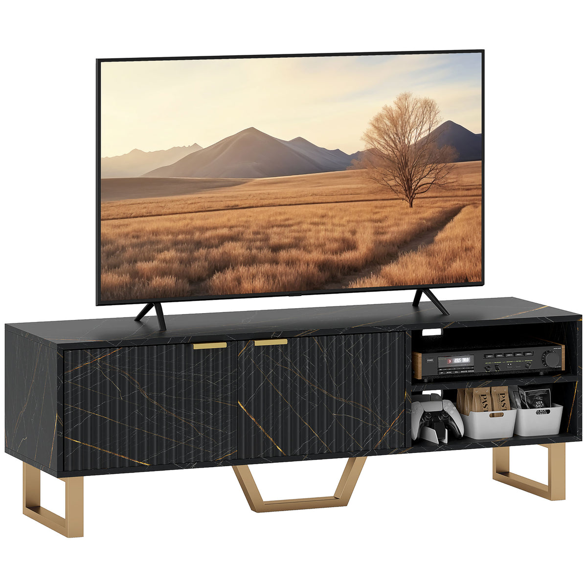 Marble Effect TV Unit with Fluted Cabinet Doors - Black
