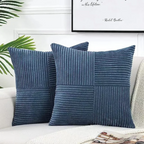 Corduroy Striped Throw Pillow Covers with Cross-Stitch Detail
