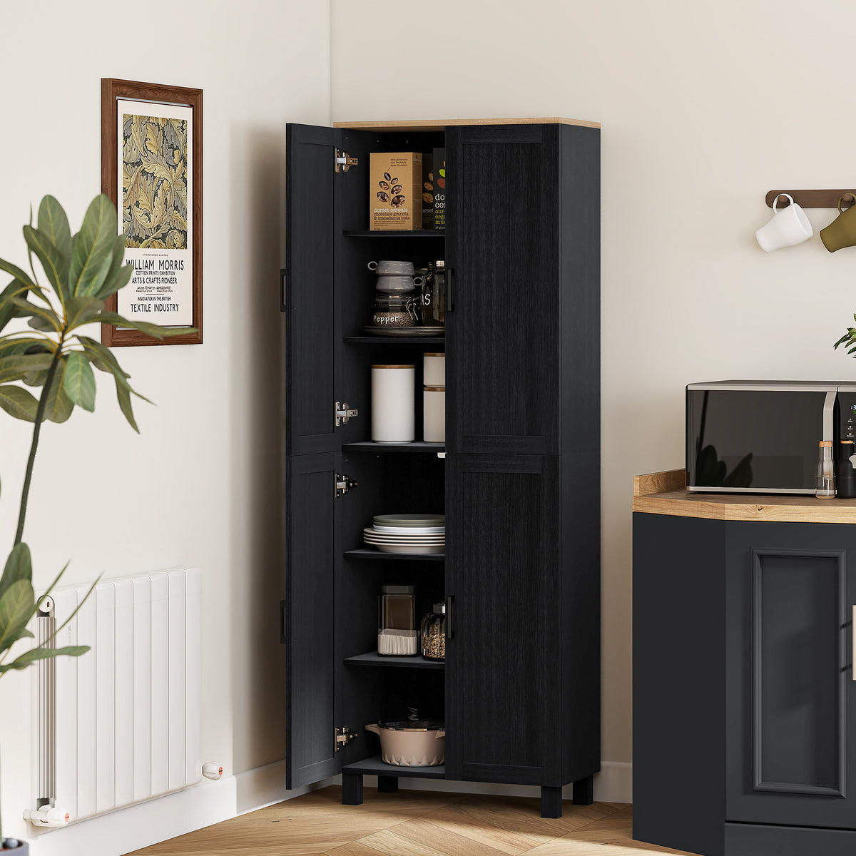 Slim Tall Storage Cupboard with Six-Tier Adjustable Shelving - Black