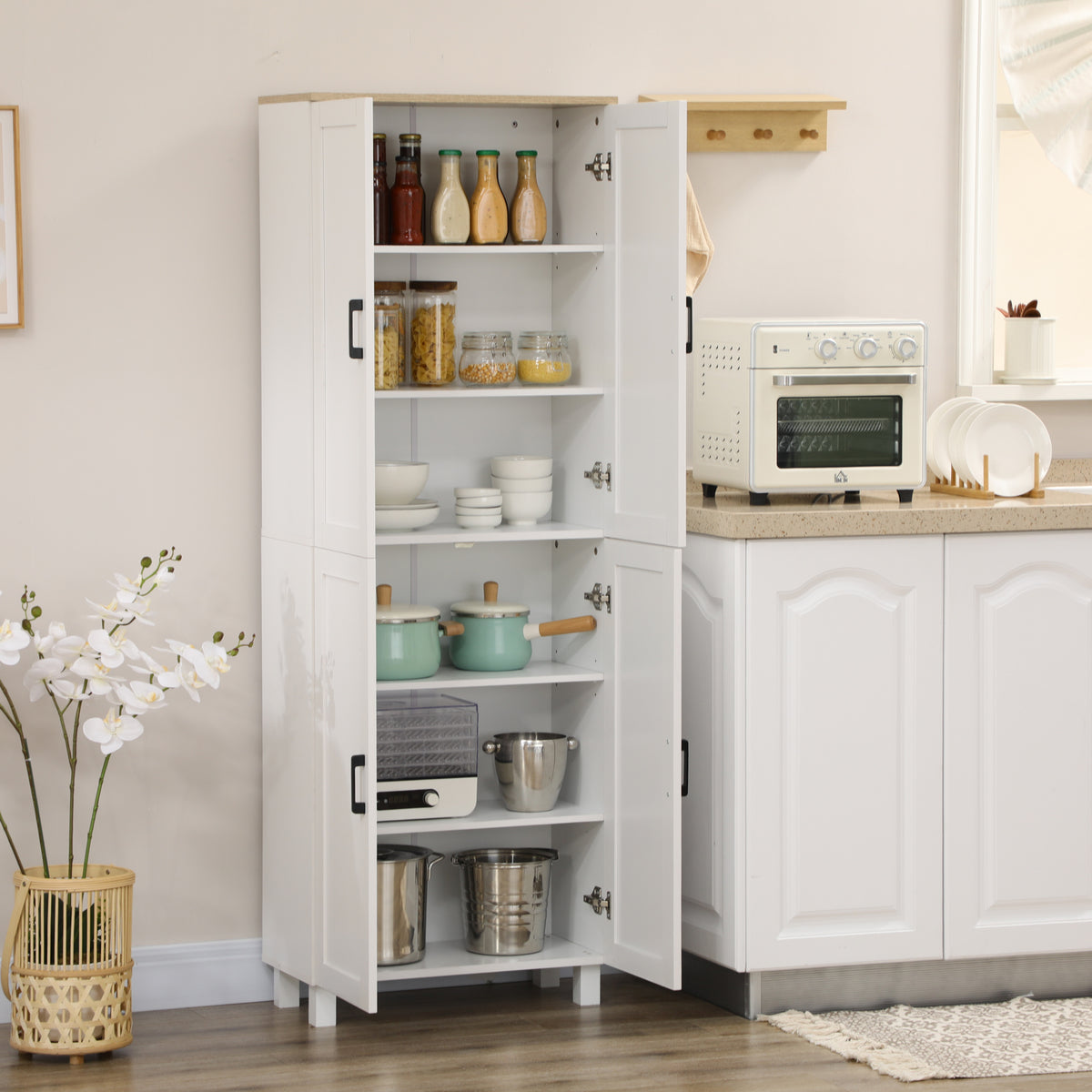 Slim Tall Storage Cupboard with Six-Tier Adjustable Shelving - White