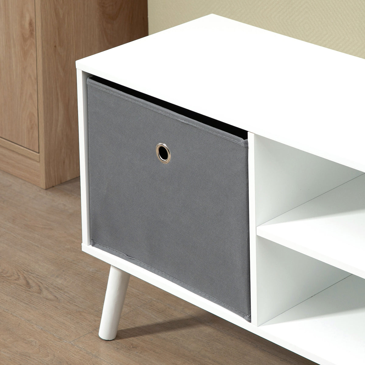White and Grey TV Stand with 2 Drawers and 2 Shelves