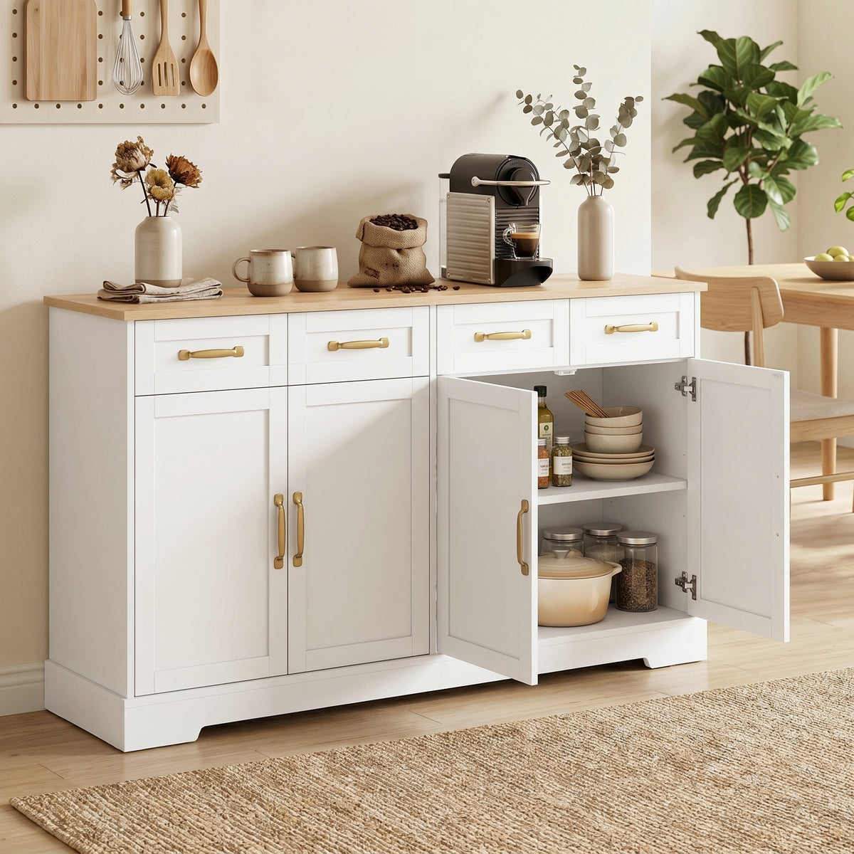 Sideboard Buffet Cabinet with Four Drawers and Adjustable Shelves