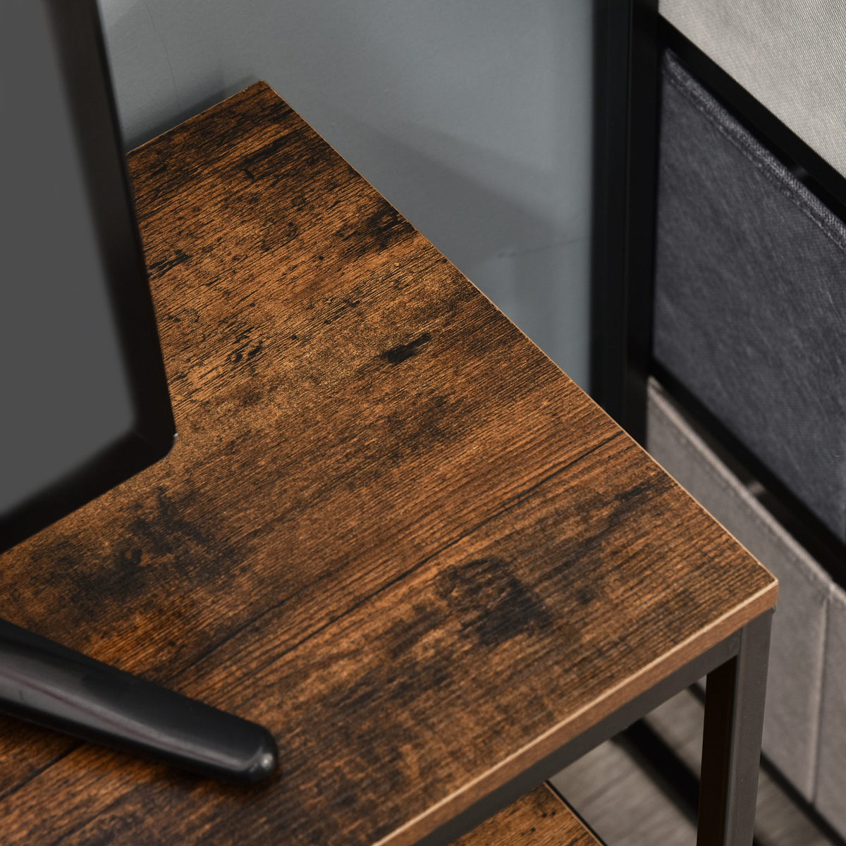 Rustic Brown and Black TV Cabinet with Foldable Linen Drawers