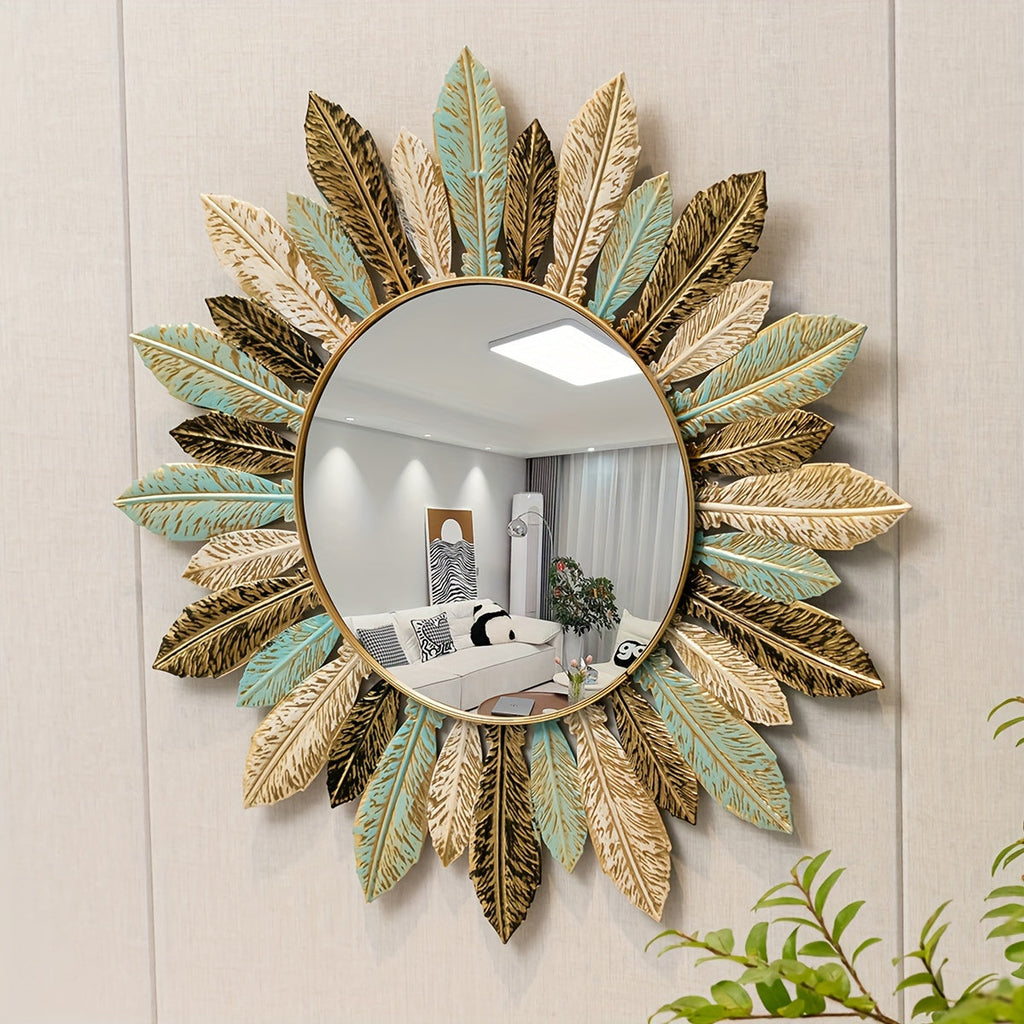 Bohemian Sunburst Metal Wall Mirror with Teal and Gold Leaf Design