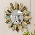 Bohemian Sunburst Metal Wall Mirror with Teal and Gold Leaf Design