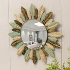 Bohemian Sunburst Metal Wall Mirror with Teal and Gold Leaf Design