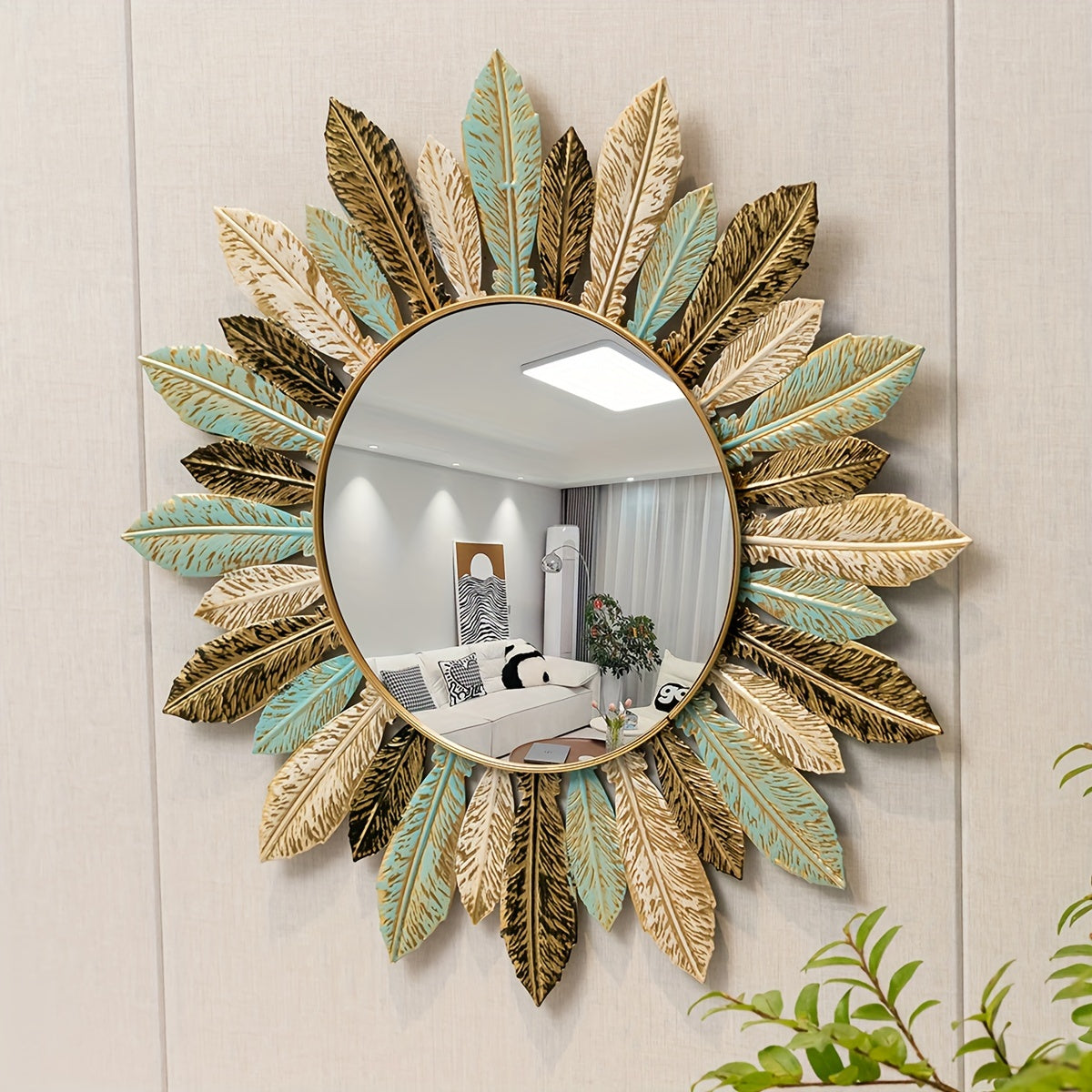 Bohemian Sunburst Metal Wall Mirror with Teal and Gold Leaf Design