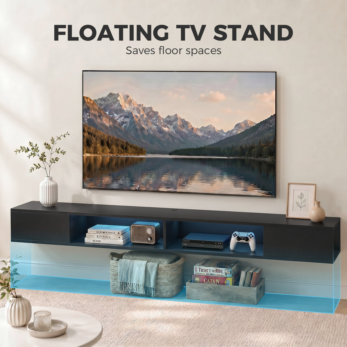 Black Floating Wall-Mounted TV Stand with RGB LED Lights