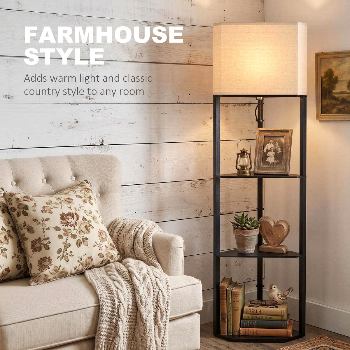 Corner Design Floor Lamp with Shelves and Pull Chain Switch