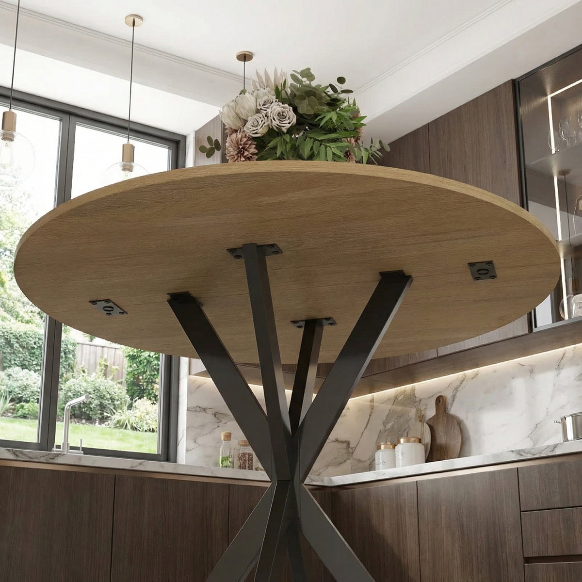 Industrial Round Dining Table with Cross Legs Oak