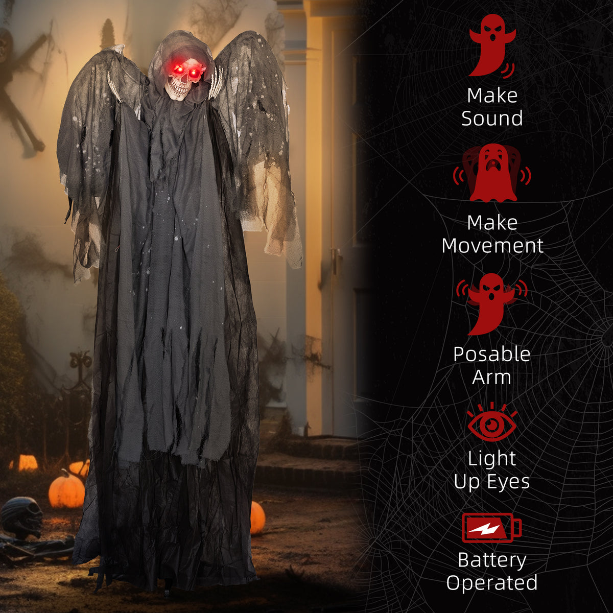 Grey Winged Grim Reaper Animatronic Halloween Decoration