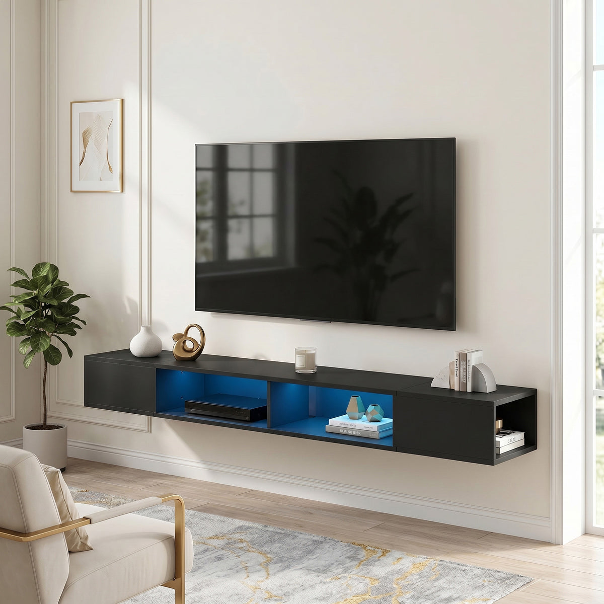 Black Floating Wall-Mounted TV Stand with RGB LED Lights