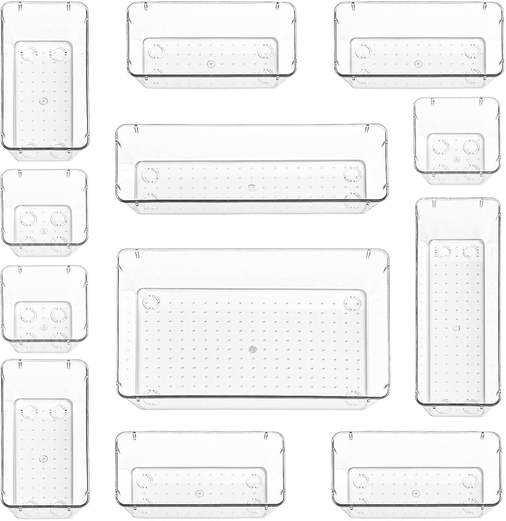 Clear Drawer Organiser Tray Set for Makeup, Cutlery & Home Storage (12-Piece Set) Modern Home Storage