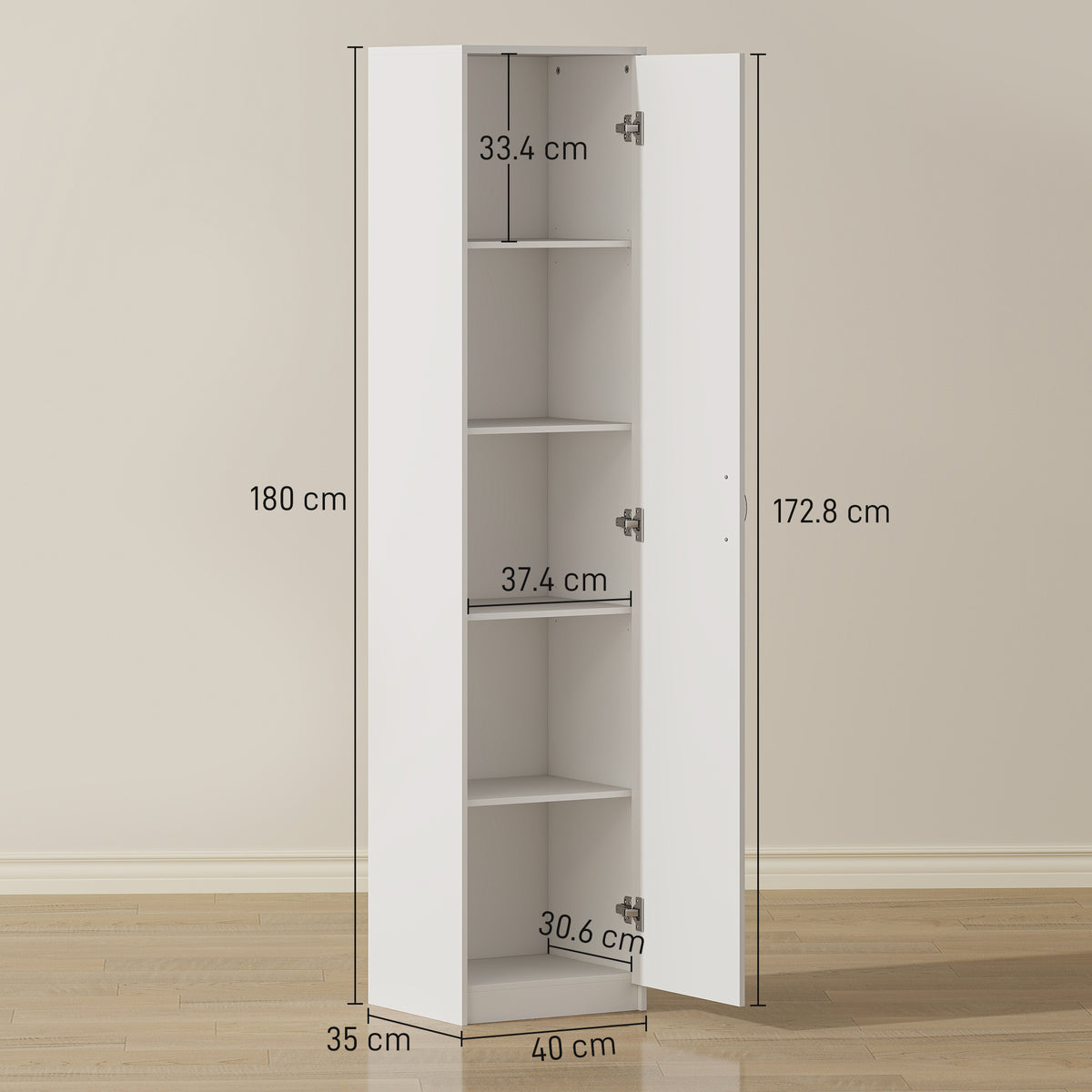 Slim Five-Tier Pantry Storage Cabinet with Soft-Close Hinges White