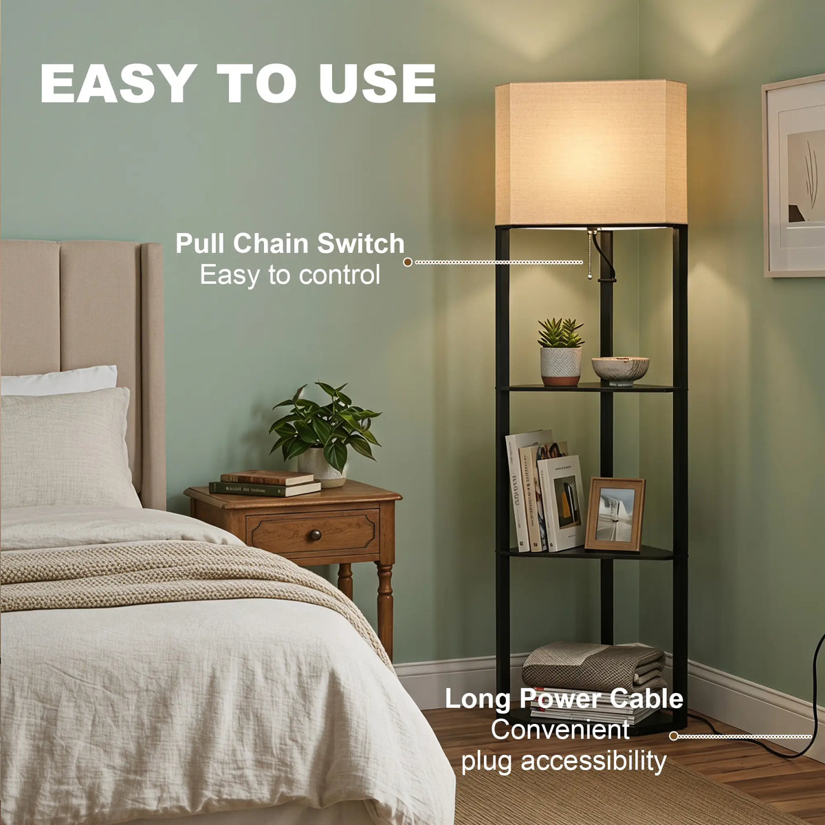 Corner Design Floor Lamp with Shelves and Pull Chain Switch