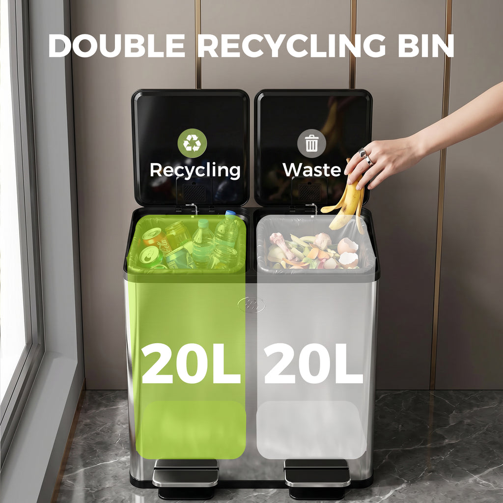 Dual Compartment Recycling Bin with Deodoriser Holders - Silver