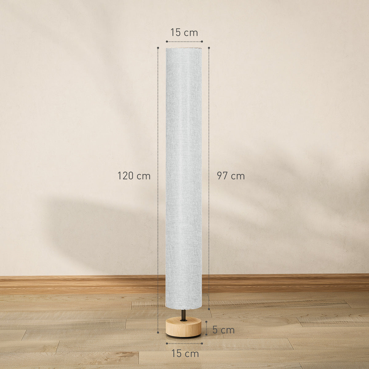 Modern Grey Standing Floor Lamp with Linen Shade and Wooden Base