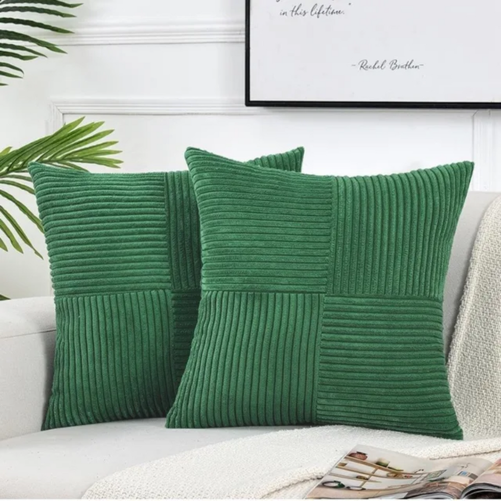 Corduroy Striped Throw Pillow Covers with Cross-Stitch Detail
