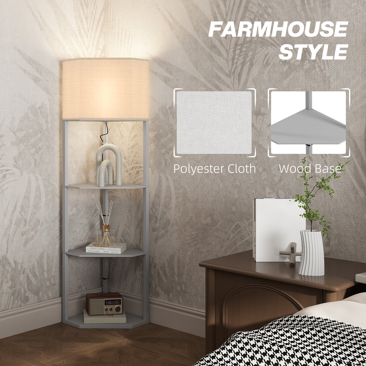 Corner Design Floor Lamp with Shelves and Pull Chain Switch