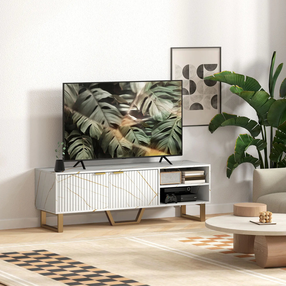 Marble Effect TV Unit with Fluted Cabinet Doors