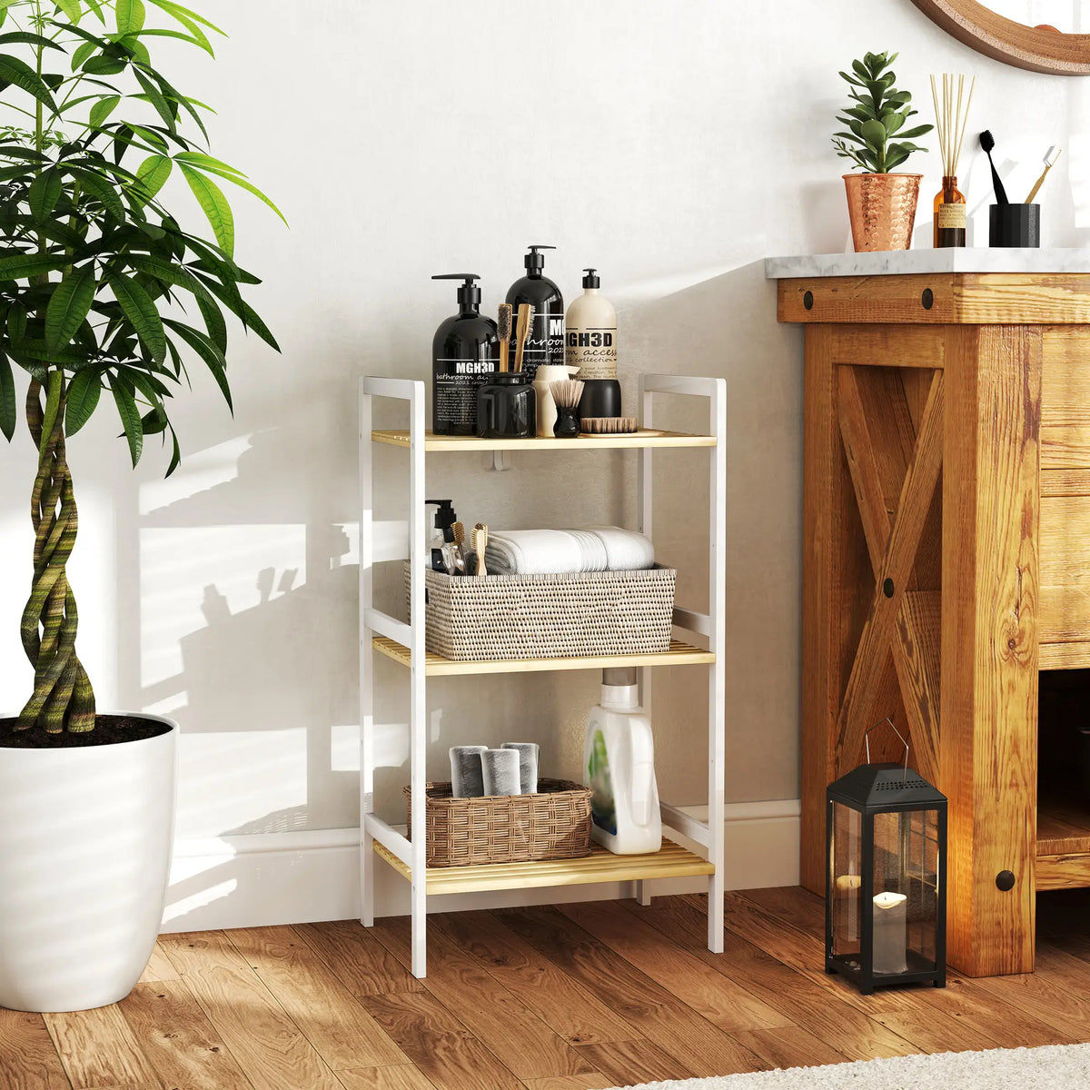 Three-Tier Bamboo Adjustable Storage Shelf Unit White