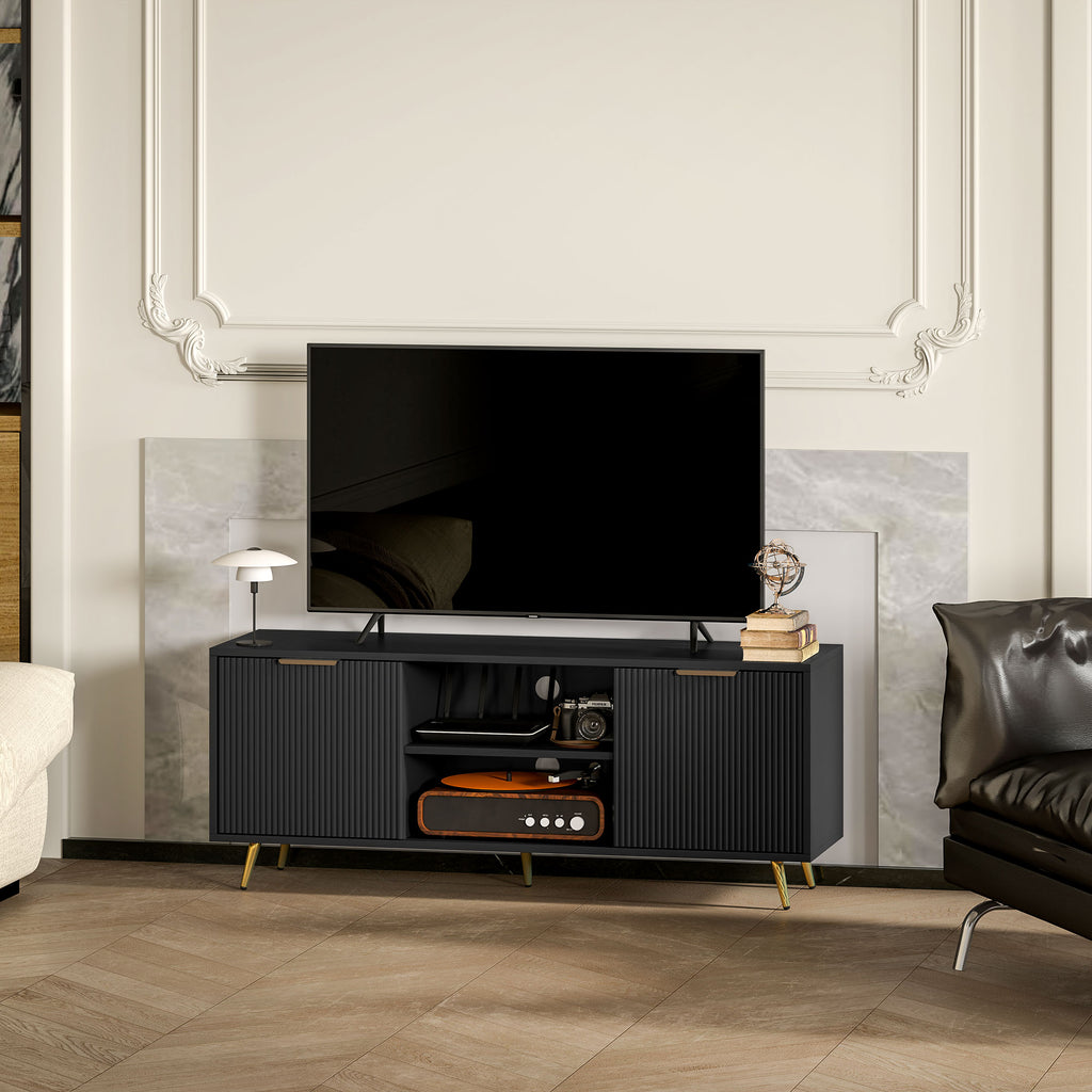 Black Beadboard TV Stand with 2 Cabinets and Open Shelves
