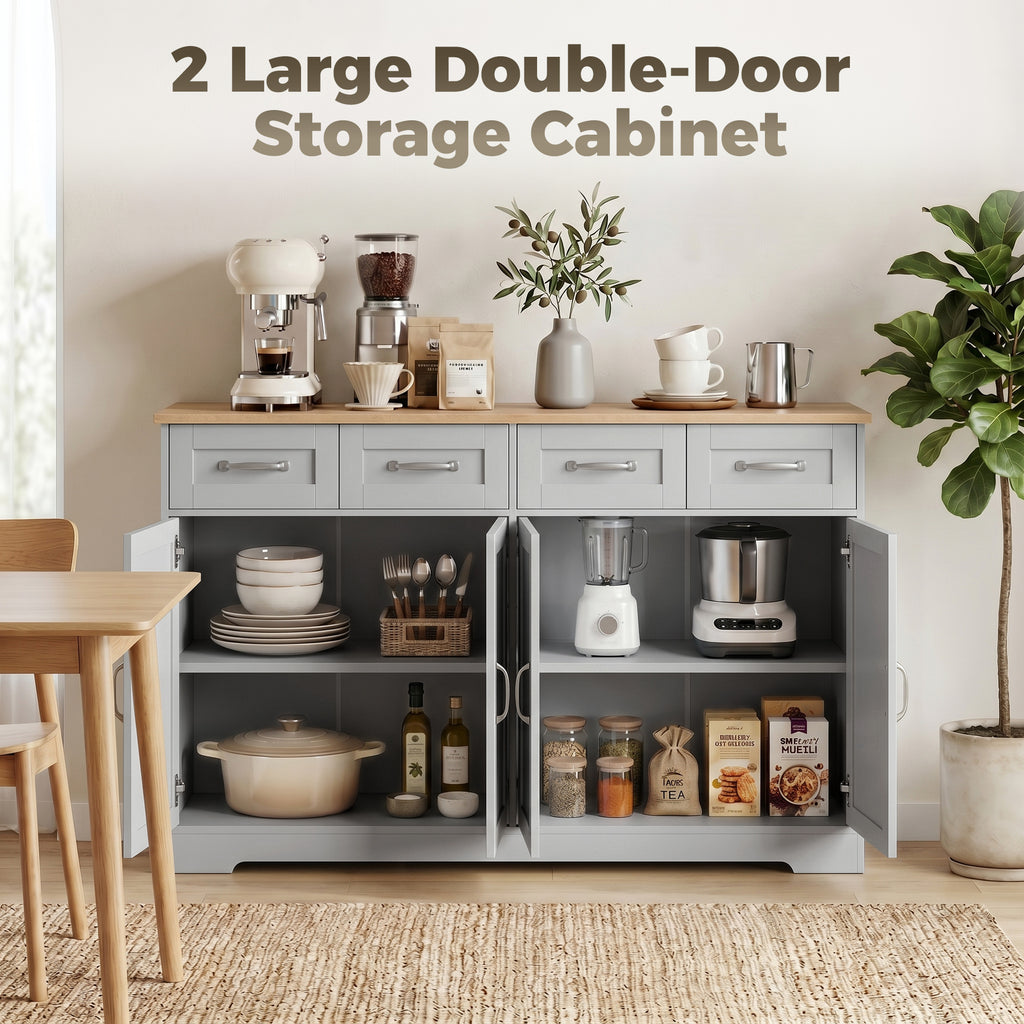 Sideboard Buffet Cabinet with Four Drawers and Adjustable Shelves - Grey