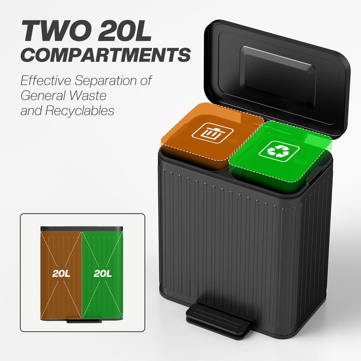 Dual Compartment Pedal Bin with Soft-Close Lid - Black