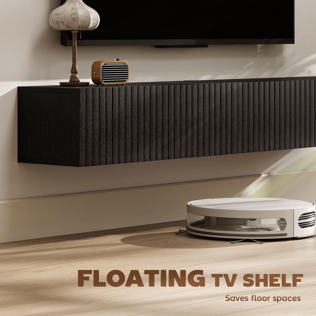 Black Fluted 140cm Floating TV Stand with Flip Cabinets
