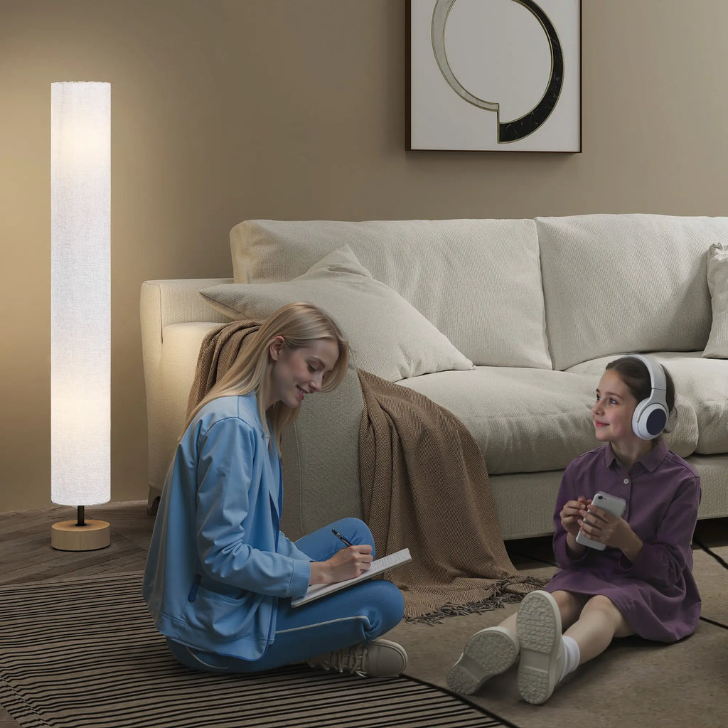 Modern Grey Standing Floor Lamp with Linen Shade and Wooden Base
