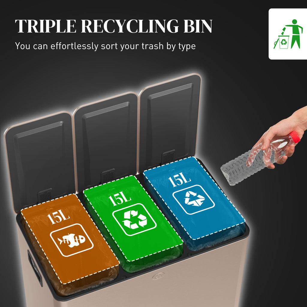 Triple Compartment Pedal Bin with Soft-Close Lid - Gold Tone