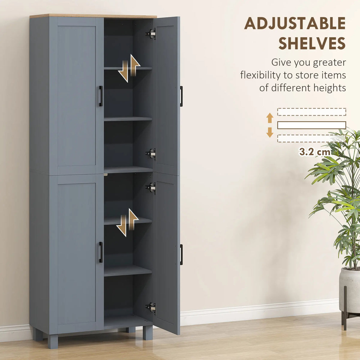 Slim Tall Storage Cupboard with Six-Tier Adjustable Shelving - Dark Grey