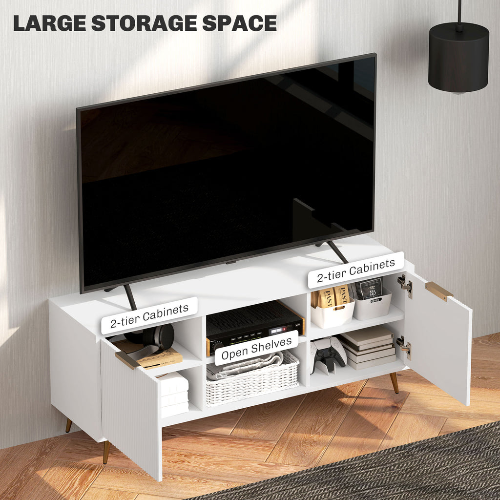 Beadboard TV Stand with 2 Cabinets and Open Shelves - White