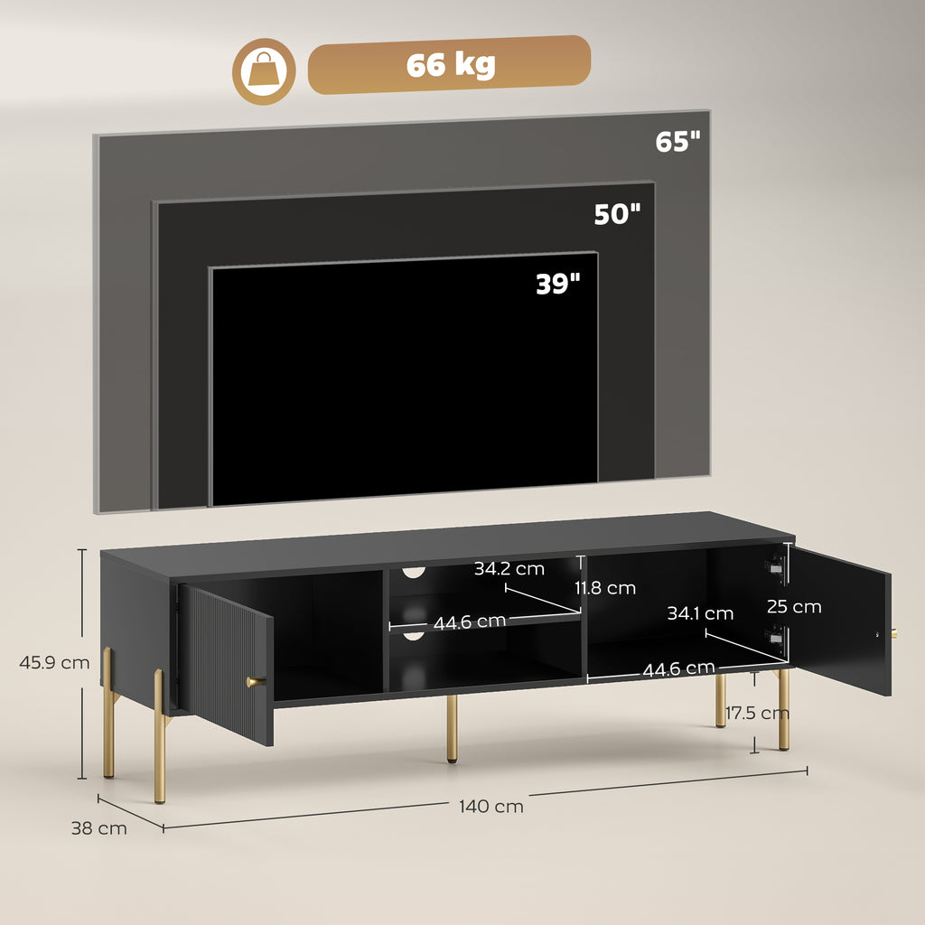 Black Fluted TV Stand with Gold Legs and 2 Cabinets