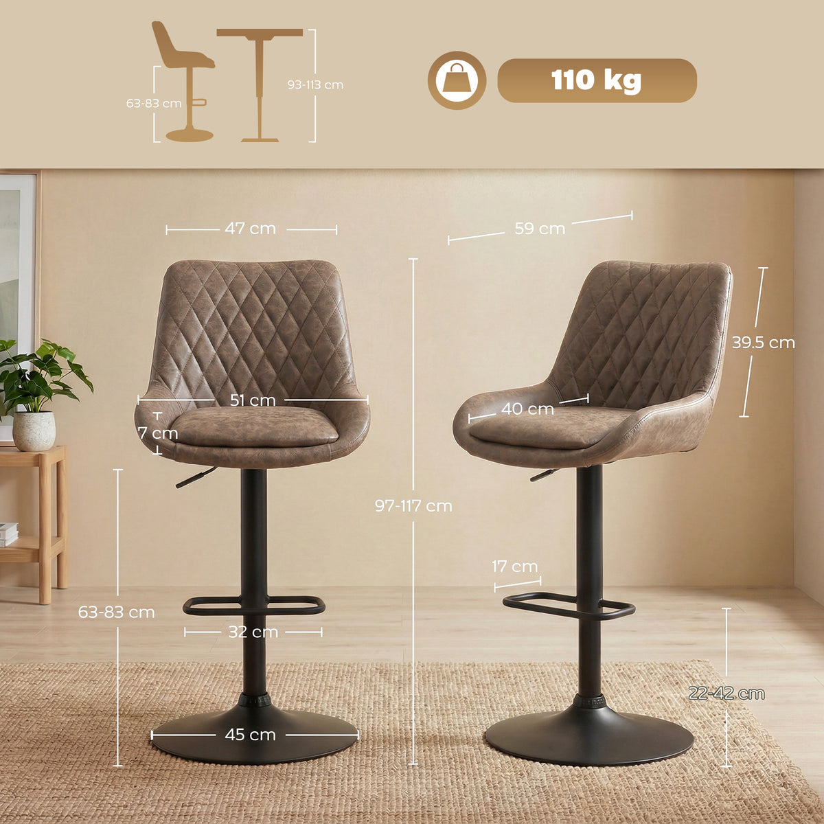 Retro Faux Leather Bar Stools Set of 2 with Adjustable Height - Coffee
