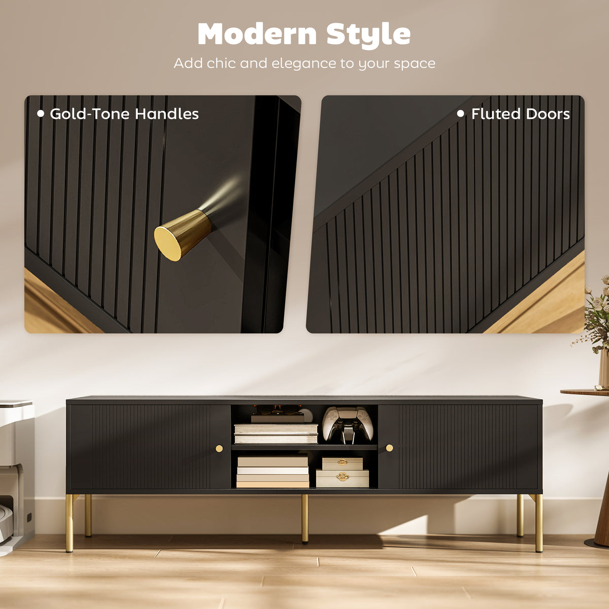 Black Fluted TV Stand with Gold Legs and 2 Cabinets