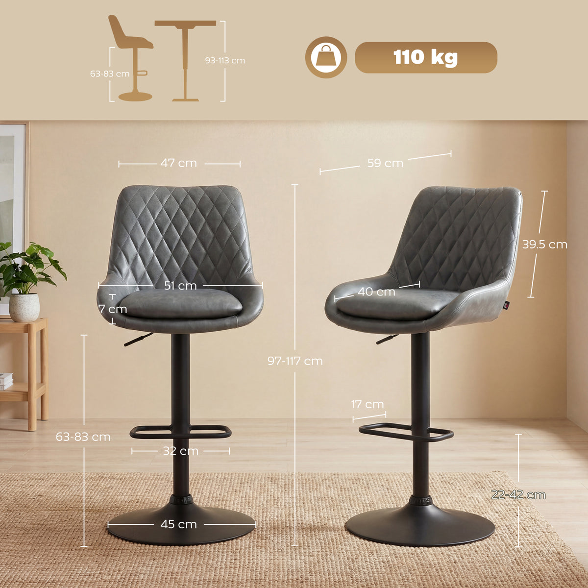 Retro Faux Leather Bar Stools Set of 2 with Adjustable Height
