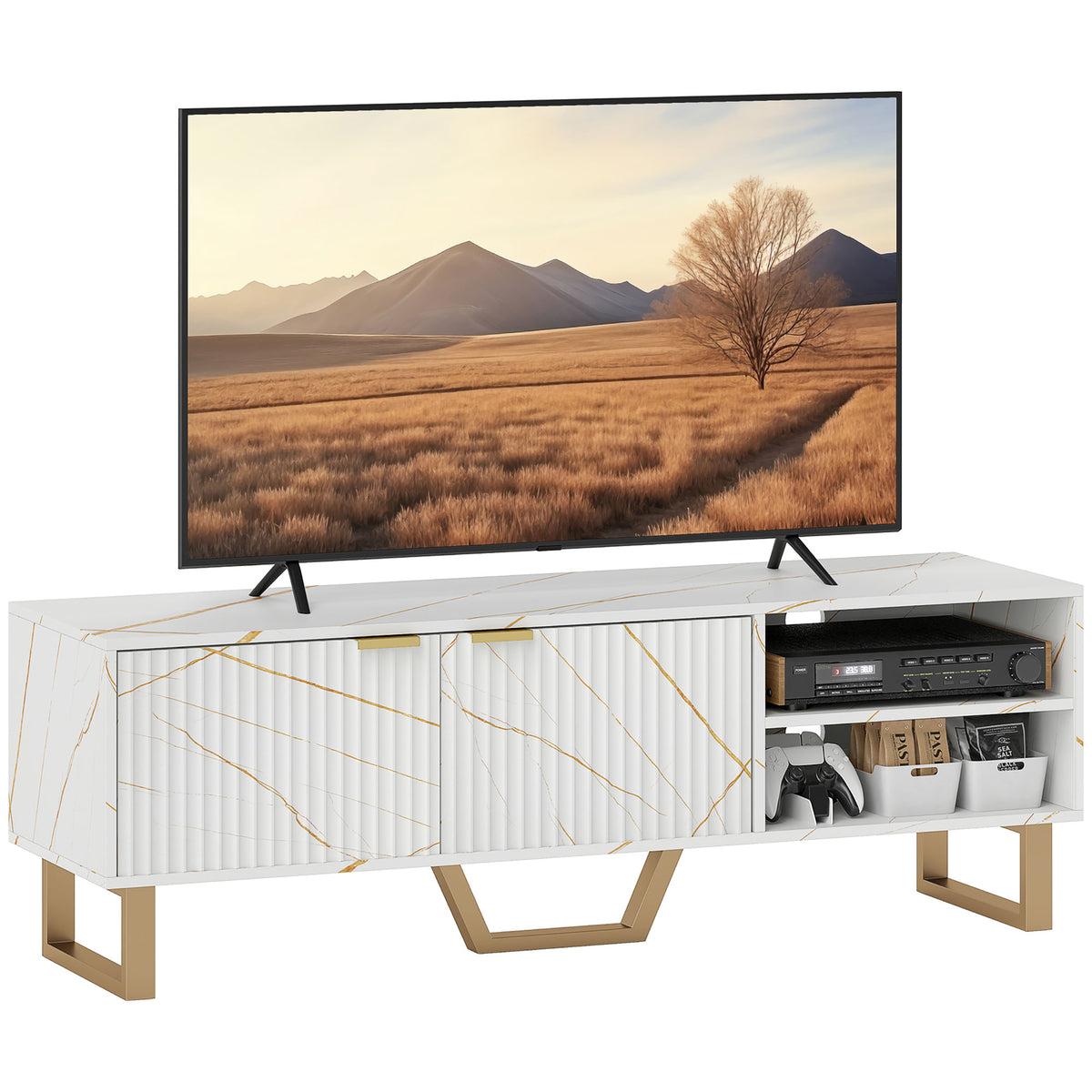White Marble Effect TV Unit with Fluted Cabinet Doors