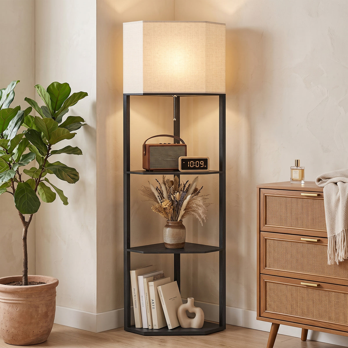 Corner Design Floor Lamp with Shelves and Pull Chain Switch