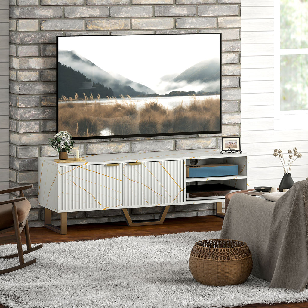 White Marble Effect TV Unit with Fluted Cabinet Doors