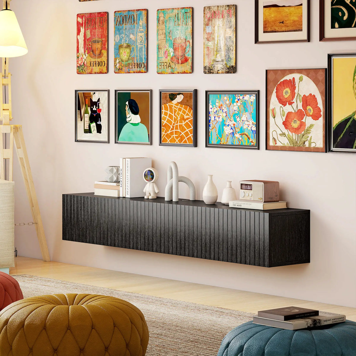 Black Fluted 140cm Floating TV Stand with Flip Cabinets