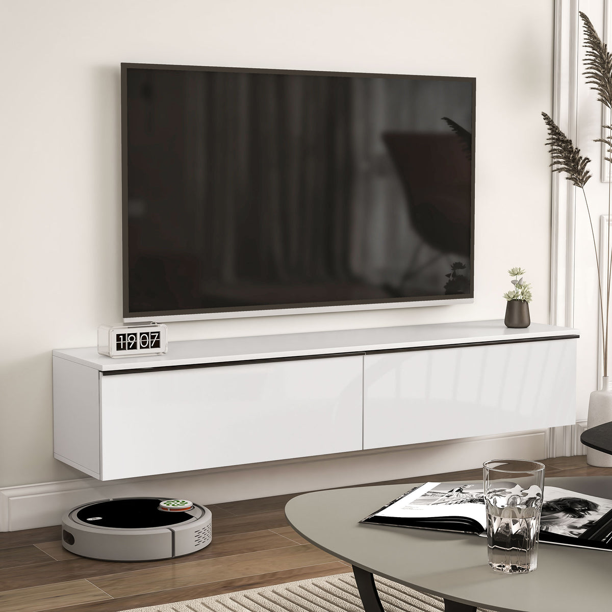 White High Gloss Floating TV Cabinet with 2 Cupboards