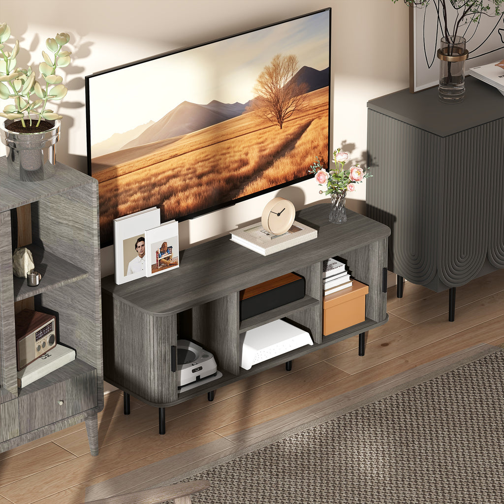 Grey TV Stand Cabinet with Slatted Tambour Doors