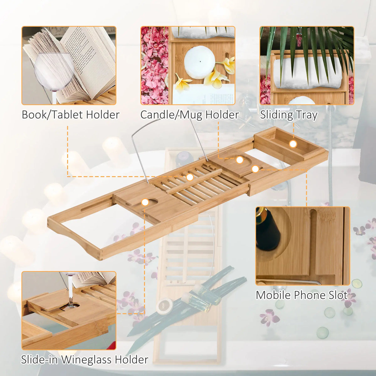 Extendable Bamboo Bathtub Caddy Tray with Wine and Tablet Holder
