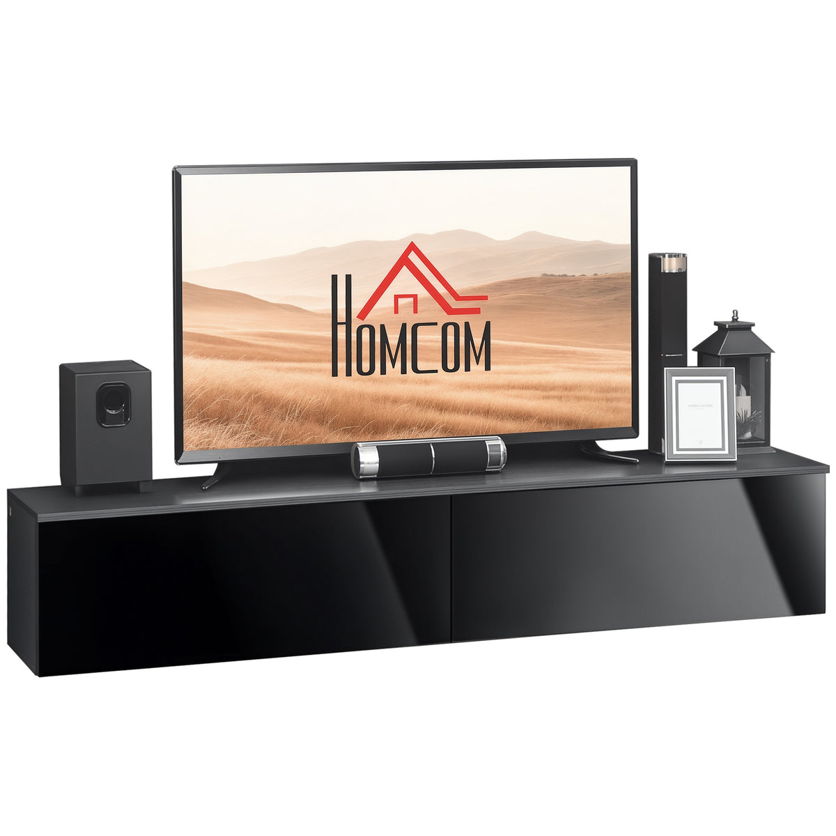 High Gloss Floating TV Cabinet with 2 Cupboards - Grey