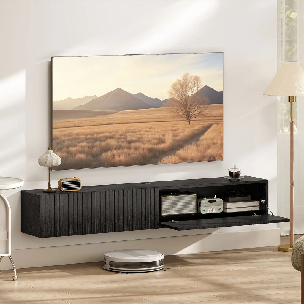 Black Fluted 140cm Floating TV Stand with Flip Cabinets