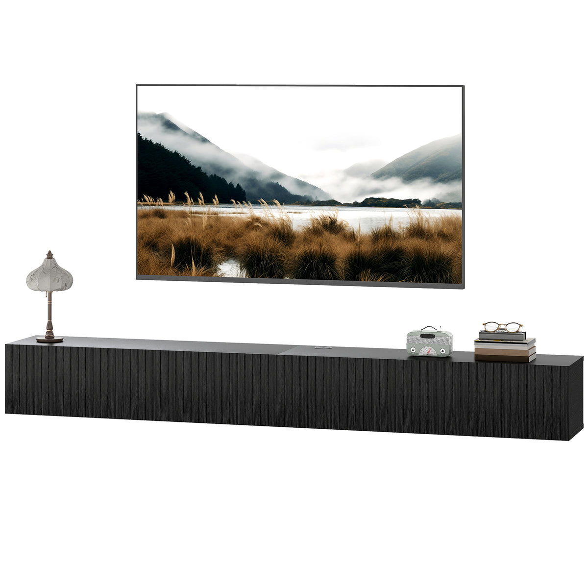 Black Fluted Floating TV Stand with Cable Management
